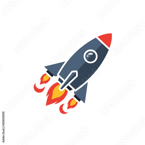A stylized rocket ship in flight, propelled by fiery exhaust, symbolizes rapid progress and innovation.