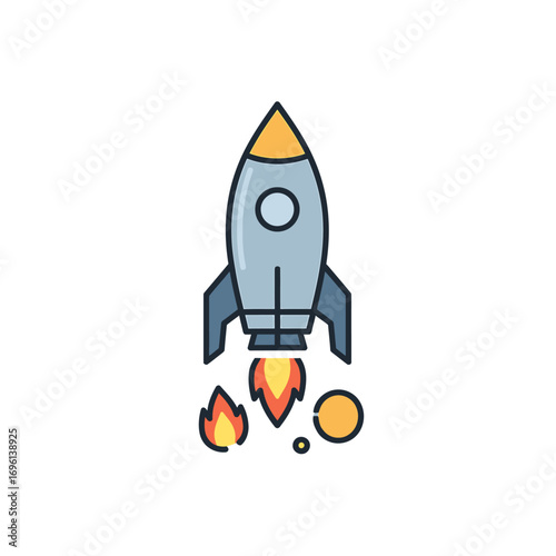 Illustration of a rocket ship taking off with flames and smoke, against a white background.