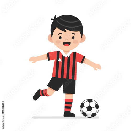 Cute cartoon boy in a red and black striped uniform kicking a soccer ball illustration