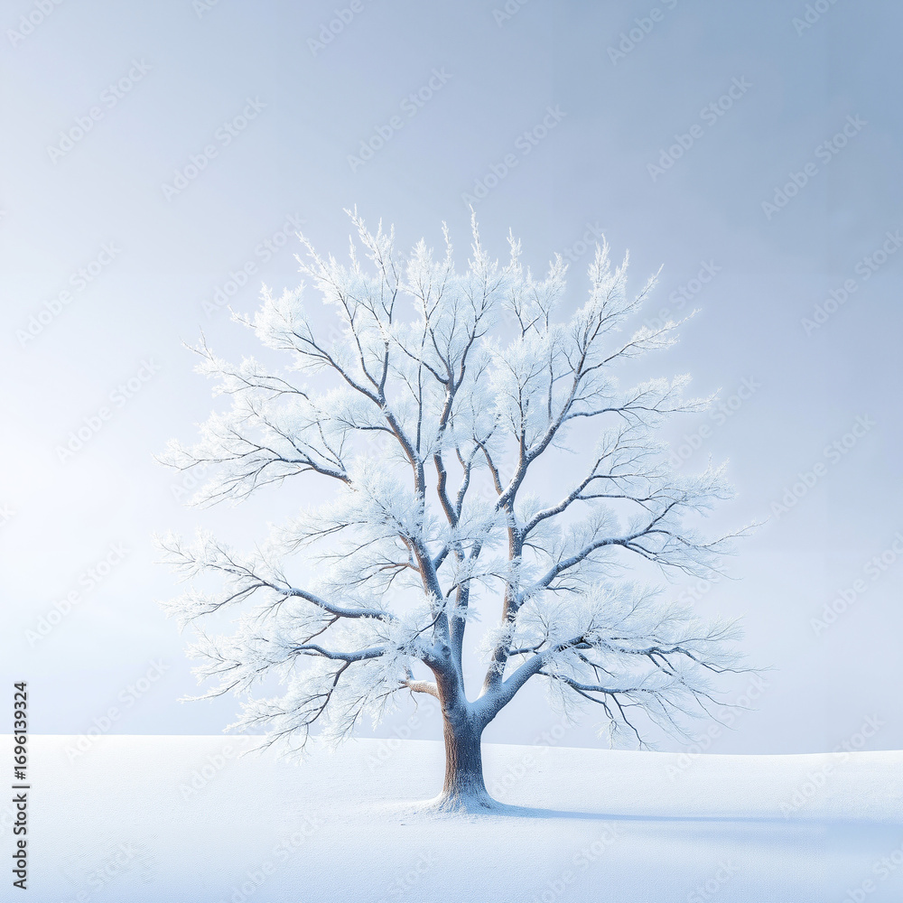 Fototapeta premium Snow-covered tree in winter landscape, serene nature scene, minimalistic design, copy space