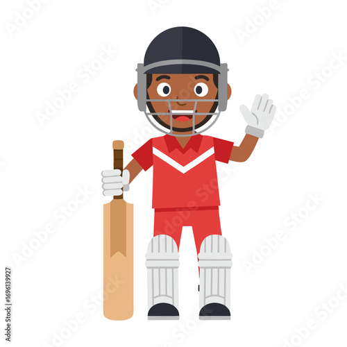 Cheerful cartoon cricket batsman in red uniform with bat and pads waving hello