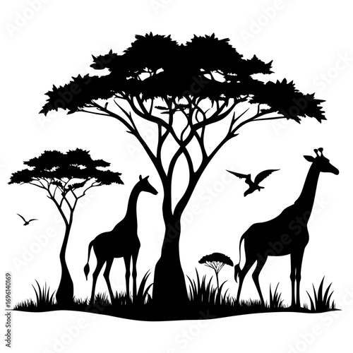 Giraffes in Savanna Silhouette Vector