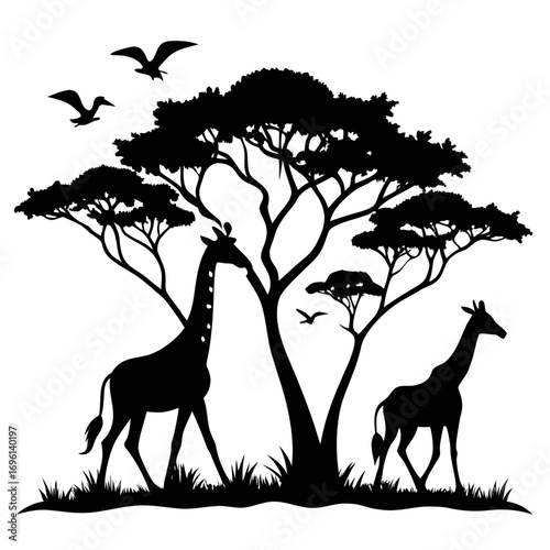 Giraffes in Savanna Silhouette Vector
