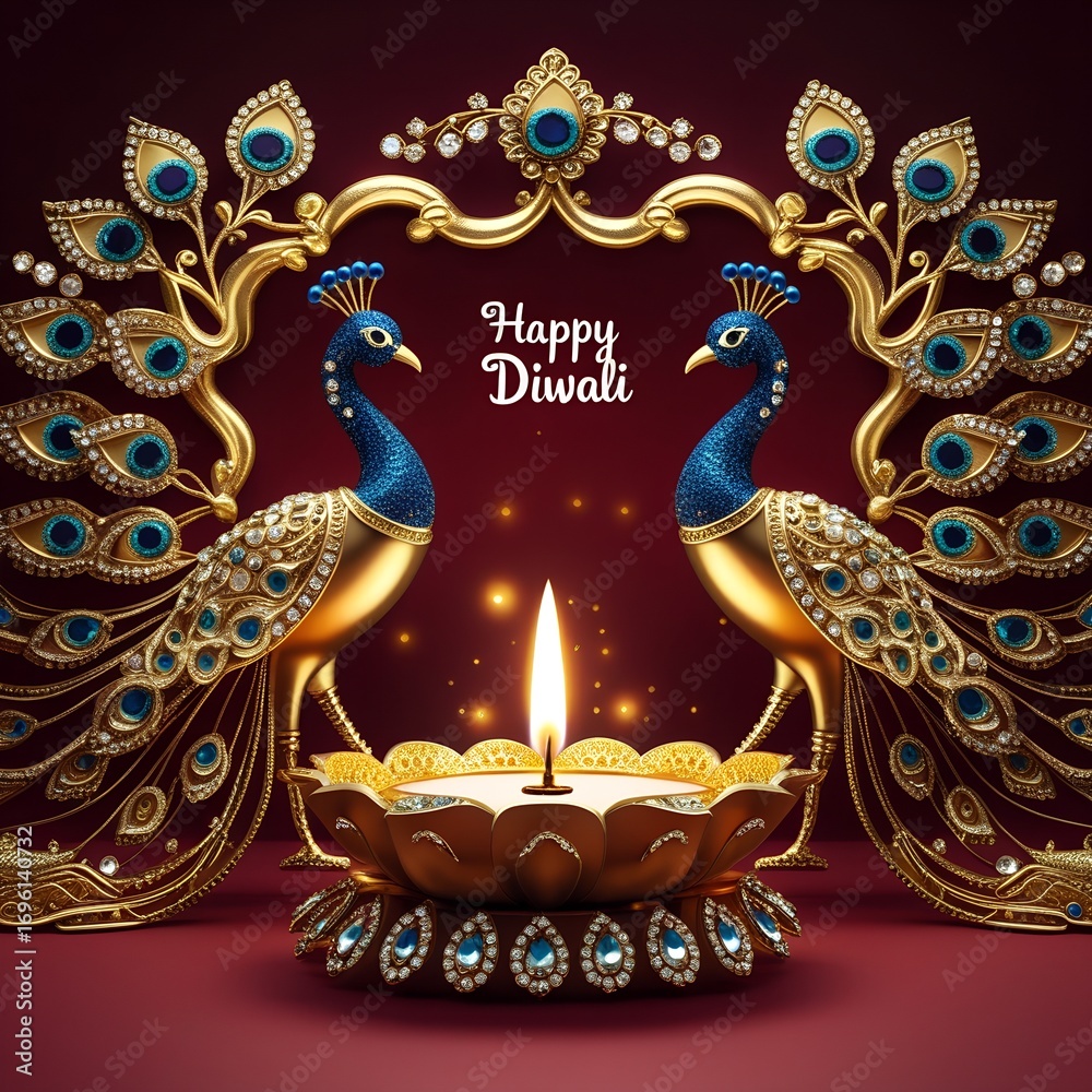 Naklejka premium Decorative diwali lamp with peacock feathers