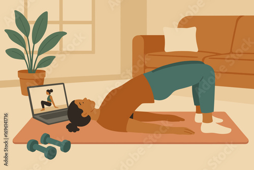 Home Workout Illustration – Woman Doing Glute Bridge with Laptop