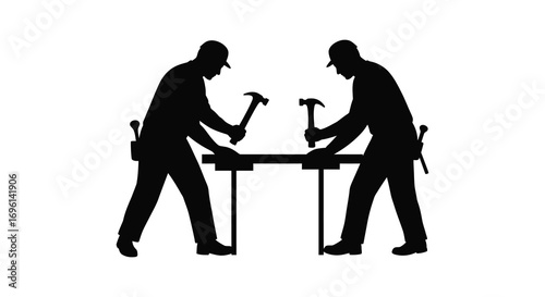 two workers collaborating on construction project using tools
