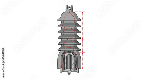 Detailed technical drawing illustrating the conceptual design and precise dimensions of a robust electrical insulator, essential for secure high-voltage power transmission and distribution networks