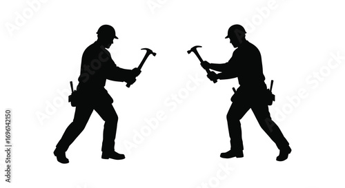 two workers silhouettes holding hammers interacting with each other