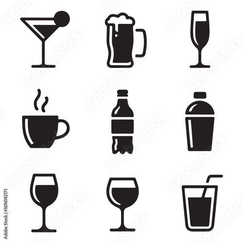 Set of drink icon or logo isolated sign symbol vector illustration. Vector black silhouette. with white background