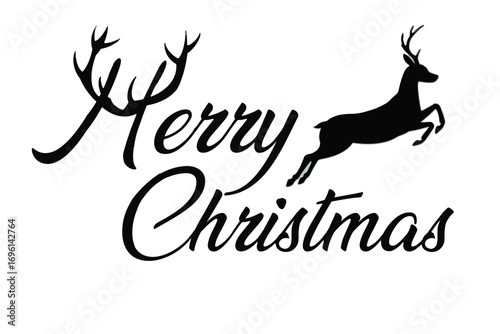 Vector illustration of Merry Christmas text with a reindeer in a modern festive design, holiday typography for seasonal decoration, cards, and Christmas graphics