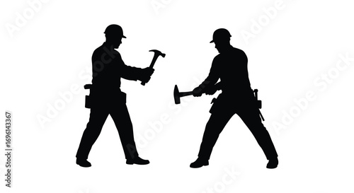 two workers silhouettes holding hammers in confrontation