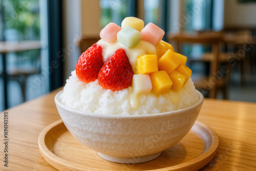 close-up of a colorful bingsu dessert in a caf , shaved ice topped with strawberries, mango, mochi, and condensed milk, bright daylight