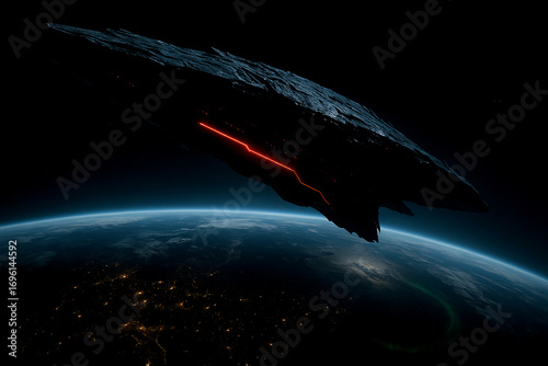 Ultra realistic 3D render of a colossal alien spaceship above Earth. Futuristic sci-fi battleship with glowing details, cinematic space scene, interstellar starship concept art