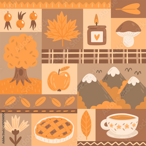 Cute autumn abstract seamless pattern in patchwork style. Vector bright texture with seasonal symbols. Hand-drawn illustration. Template for wrapping paper or textile.