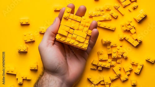 Hand building a structure with bright yellow plastic construction blocks on a vibrant yellow background