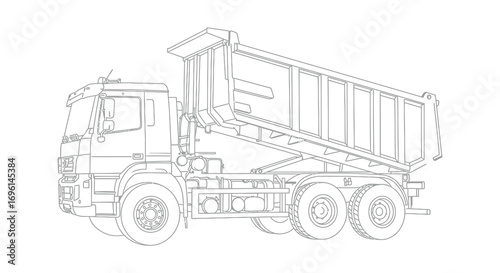 a detailed line drawing of a large industrial dump truck