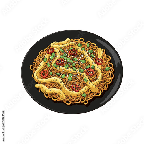 Fried noodles on a black plate