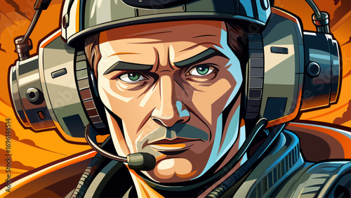 Close-up portrait of male helicopter pilot wearing headset. Isolated background symbolizes control, adventure, and skill.