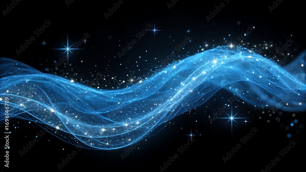 Fototapeta premium Abstract flowing blue wave of light particles and stars against a dark background