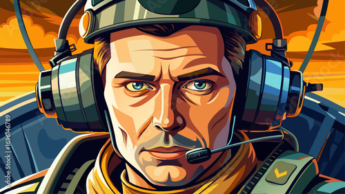 Close-up portrait of male helicopter pilot wearing headset. Isolated background symbolizes control, adventure, and skill.