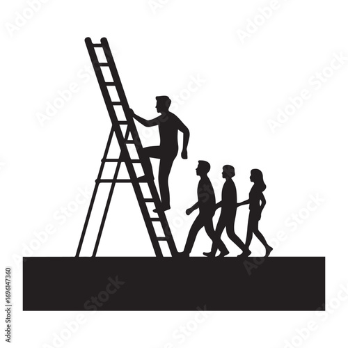 Man climbing, people walking going up on step ladder icon vector image. Vector black silhouette. with white background