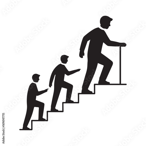 Man climbing, people walking going up on step ladder icon vector image. Vector black silhouette. with white background