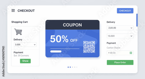 A checkout screen displaying a 10% off coupon with a barcode, alongside item list, subtotal, shipping, tax, and total amounts.