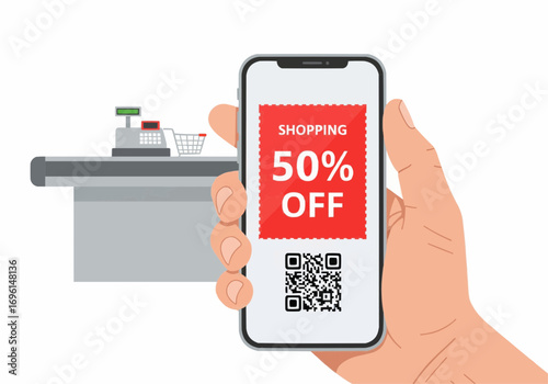 Hand holding phone with 50% off coupon in front of checkout counter.