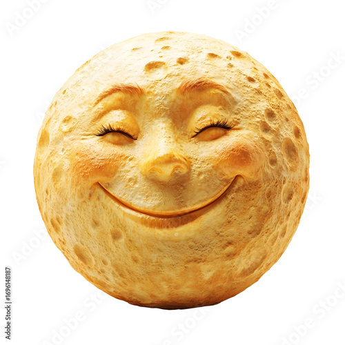 Full moon with smiling face white isolated background, clear view, simple light. extra detail simple design clean look calm mood neat focus clear space for text easy style plain background natural pos