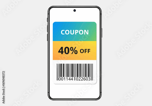 Mobile phone displaying a digital coupon for 40% off, featuring a barcode.