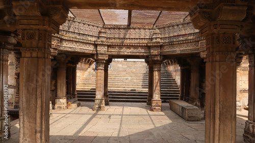 Beautiful Intricate Carvings of Hindu Deities  on the Wall of Adalaj Stepwell, Carving Pillars of Stepwell, 14th Century Vaghela Dynasty Monuments. 