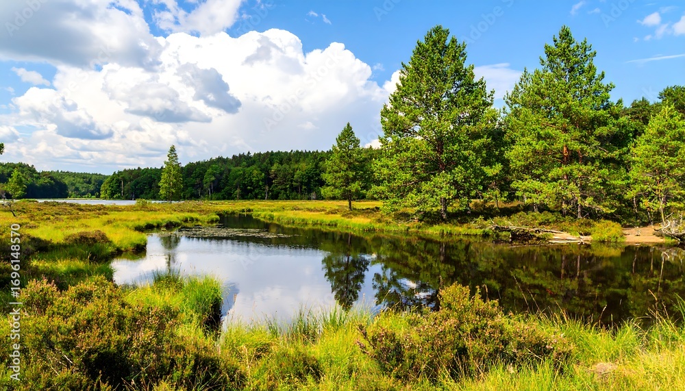 Obraz premium Tranquil lake scene with lush greenery and blue sky
