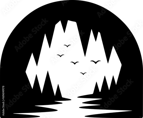 Mysterious cave entrance silhouette with jagged peaks reflection and flying birds graphic vector