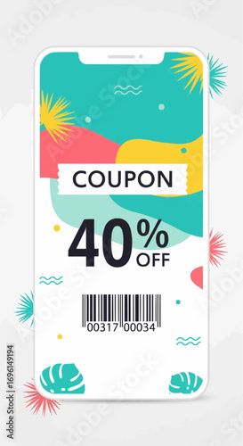 Smartphone screen displaying a coupon with a 40% discount offer and a barcode for redemption.