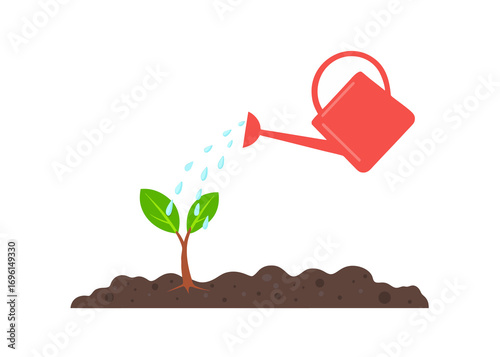 3d young plant with watering can and water  drops jpg