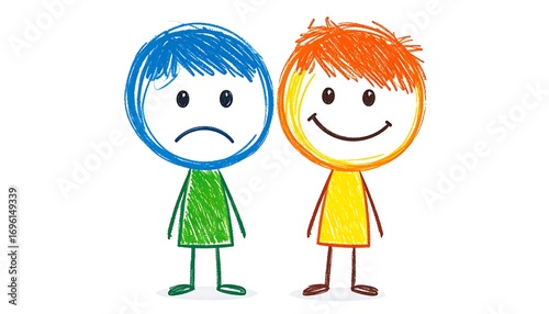 Two simple stick figures, one sad, one happy