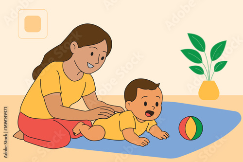 Vector illustration of a mother playing with her baby on a mat, family bonding and childcare concept.