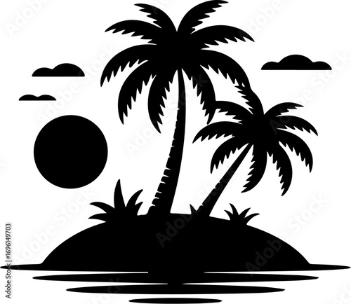 Serene silhouette of a tropical island paradise with palm trees and sun vector