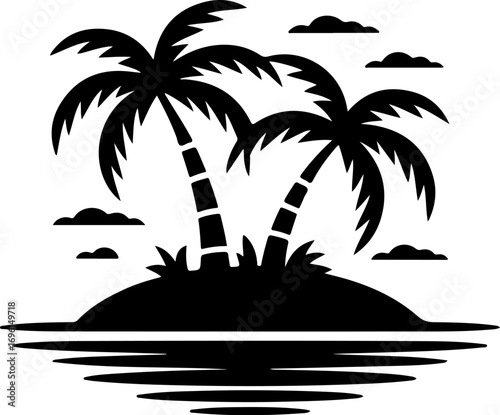 Iconic silhouette of tropical island paradise with palm trees and ocean waves vector