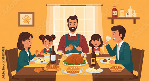 Family Thanksgiving Dinner Gathering Illustration Cartoon Turkey Table Food Holiday