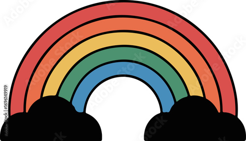 Simple silhouette icon of a colorful rainbow arc with clouds perfect for design projects vector