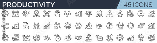 Set of 45 outline icons related to productivity. Linear icon collection. Editable stroke. Vector illustration