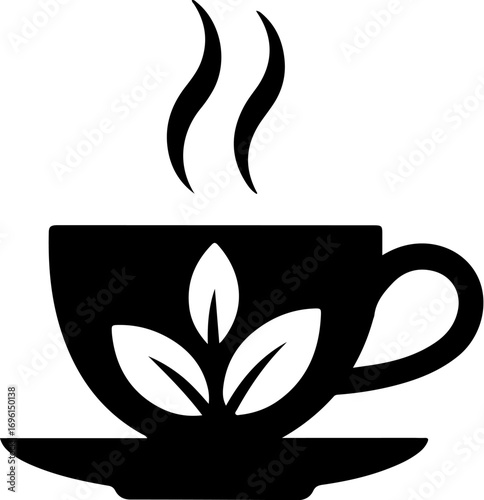 Simple black silhouette icon of a hot tea cup with steam and leaves on a saucer vector