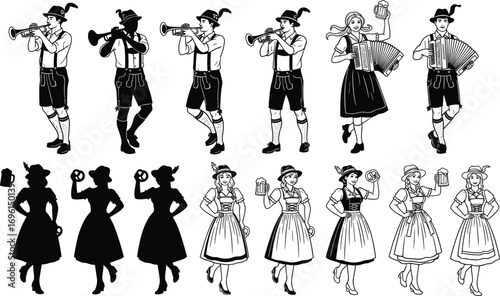 Oktoberfest Bavarian Character Vector Set with Musicians and Beer Maidens in Traditional Attire for Cultural, Festive, and Design Use