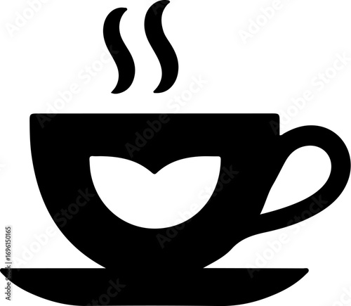 Black silhouette icon of steaming hot coffee cup and saucer symbol for morning beverage refreshment vector