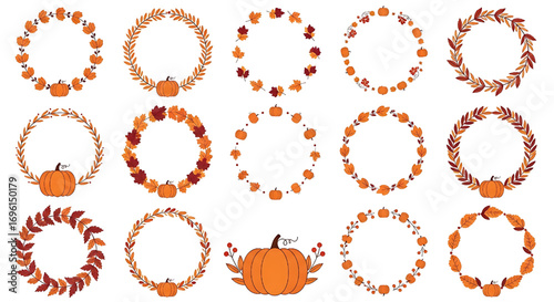 Autumn wreath collection, fall pumpkins and leaves, decorative frames, seasonal design