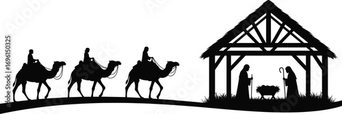Nativity Scene Silhouette Vector with Mary, Joseph, Baby Jesus, and Three Wise Men for Christian Holiday, Religious, and Design Use