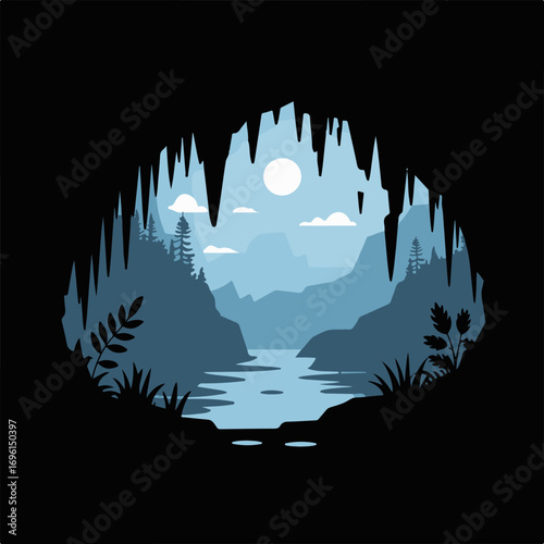 Mysterious cave entrance silhouette revealing a serene moonlit forest landscape scene vector