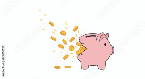 Piggy bank with coins exploding symbolizing savings management and unexpected economic expenses