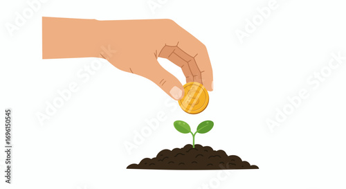 Hand planting coin in soil representing investment, economic sustainability, and future growth